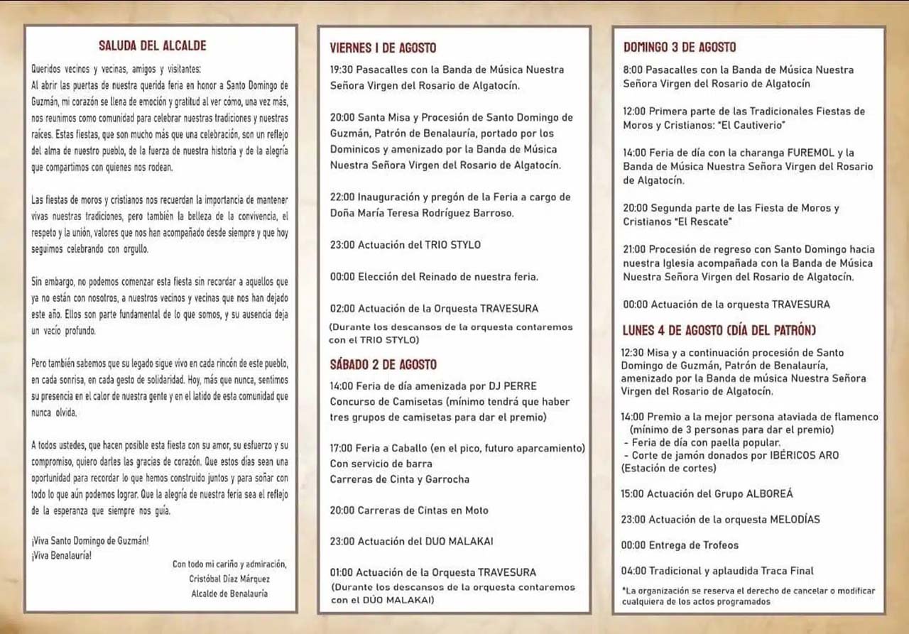 Programa de actos Moros y Cristianos Benalauría